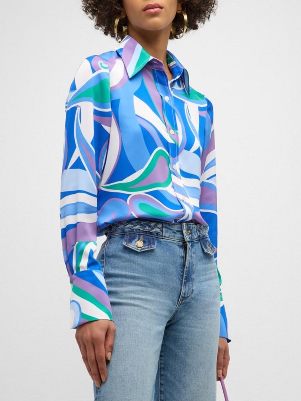 Ramy Brook Retro-Printed Victoria Button-Front Blouse